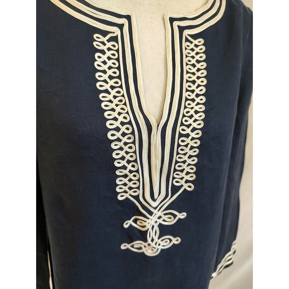 Michael Kors Linen Tunic Top Navy Blue & White Trim Nautical Indian Classic Sz M